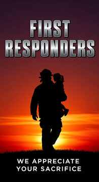 Silhouette of firefighter carrying child, set against vivid sunset; representing courage, service, and community support. Thank you message banner