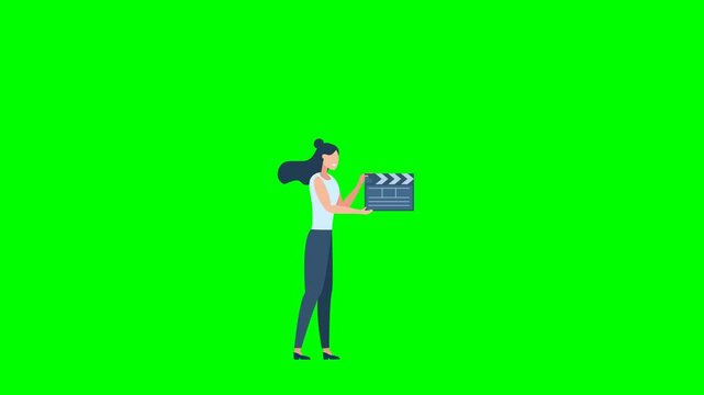Film clapperboard. Director with clapperboard. Woman holding a take board. Ready for action. Filmmaking in motion. Making films clips for cinema production industry. 2d flat animation. Alpha channel