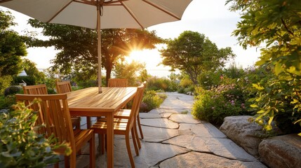 Fototapeta premium Cozy outdoor garden patio featuring a wooden dining table and chairs under a large umbrella, surrounded by lush greenery and colorful flowers at sunset