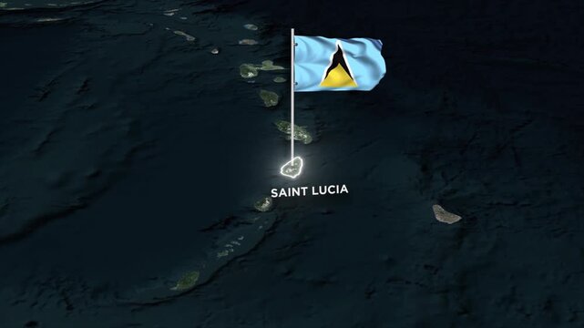 Saint Lucia Map Animation with 3D Waving of Saint Lucia National Flag and Glowing Border Animation on World Map