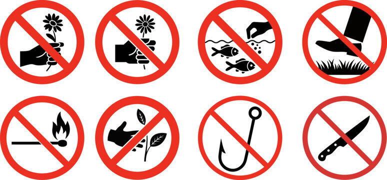 Prohibition Safety Sign Vector Set for Nature and Park Regulations