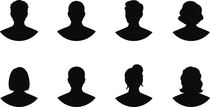 Set of diverse human profile silhouette icons, male and female avatars collection isolated on white background for user interface design