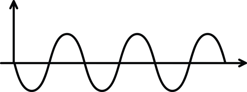 Simple sine wave with axis arrows, audio signal waveform illustration isolated on white background for mathematics, physics and technology