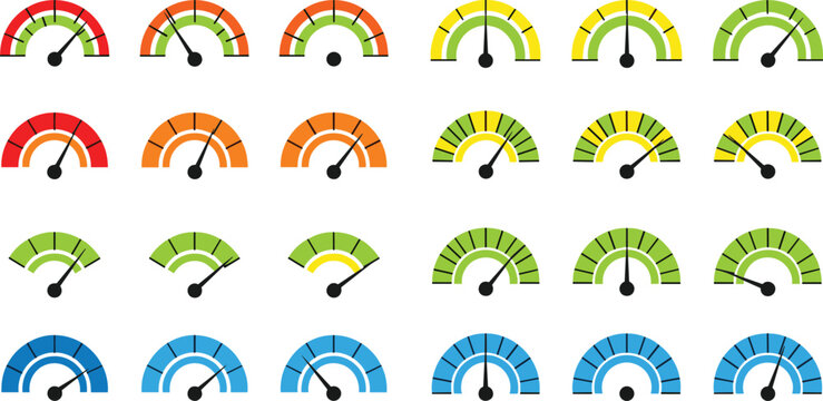 Collection of colorful gauges and meters indicating levels from red to green for measurement concepts.
