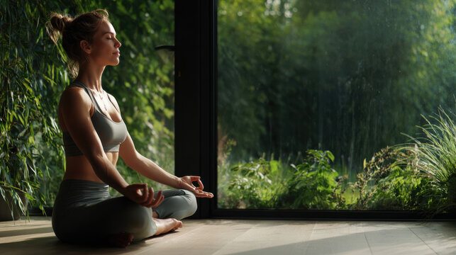 Woman practices yoga in a room with large windows and green plants during afternoon light