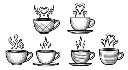 Fototapeta premium Collection of seven vintage style engraved coffee or tea cups with steam hearts and swirls on white background