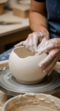 Potter's hands, covered in white clay slip, skillfully shaping a round ceramic bowl on a spinning pottery wheel