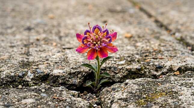 Vibrant pink flower blooming through cracked concrete