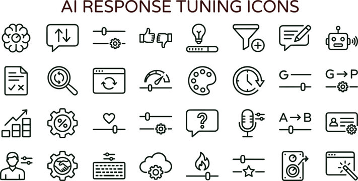 AI response tuning outline icon set featuring prompt adjustment workflow optimization feedback controls vector collection for dashboards interfaces presentations