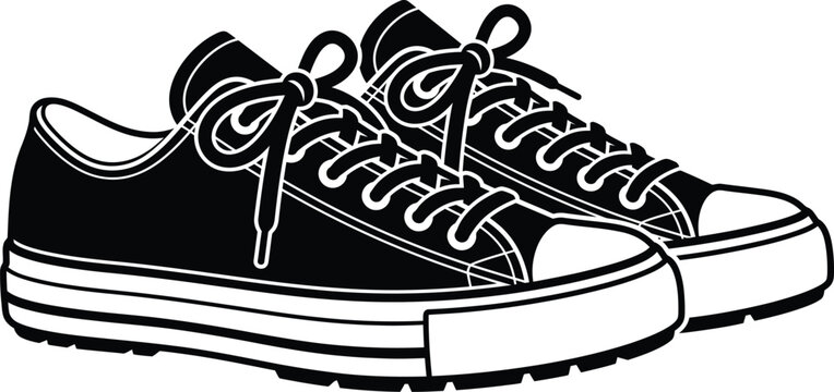Black and white illustration of Converse style sneakers for fashion design or advertising