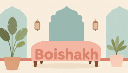 Fototapeta premium Boishakh festival banner with potted plants and lanterns isolated on transparent background
