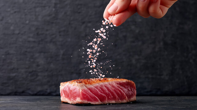 Gourmet culinary presentation with chef seasoning delicious steak on elegant table setting