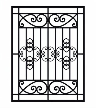 Decorative wrought iron window grill with ornate scrollwork and heart motifs, isolated on white background