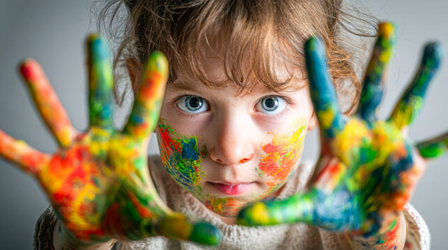 Young child shows colorful hands and face after painting activity in art studio