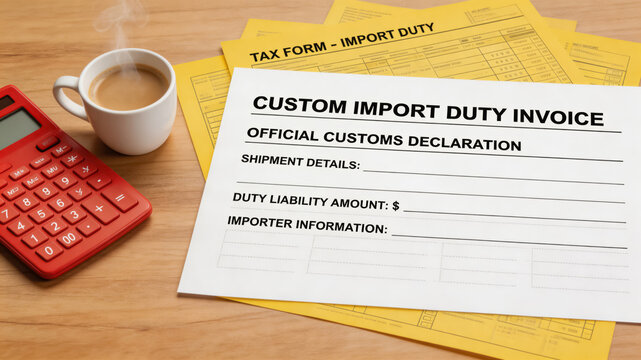 Custom import duty invoice with tax form and calculator on desk