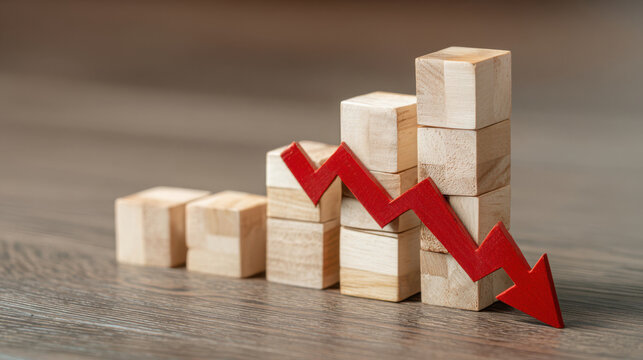 Wooden blocks stacked to show growth trend with a red arrow indicating decline at a workspace during daytime