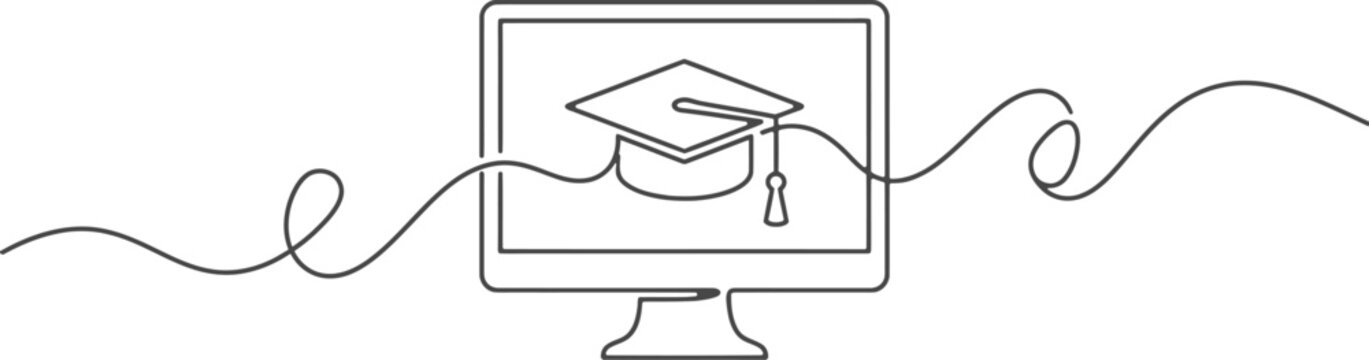 Online education icon featuring graduation cap on computer screen for e learning and academic website design