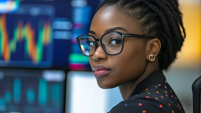 A young professional woman with glasses looks at computer screens with graphs and charts in a modern office setting.