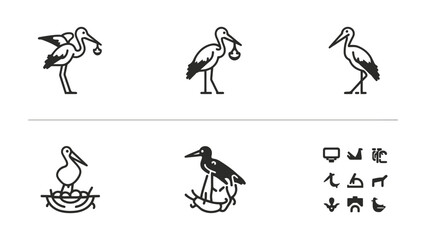 Fototapeta premium Symbolic Stork Illustrations: A collection of symbolic stork illustrations in various poses.