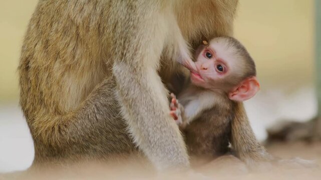 A protective female vervet monkey sits on a thick wooden branch within a lush green canopy while cradling her small infant closely to her chest during a calm moment in the african wilderness.
