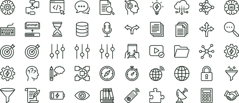 Artificial intelligence workflow productivity outline icon set featuring automation analytics communication interface elements vector collection for dashboards presentations applications platforms