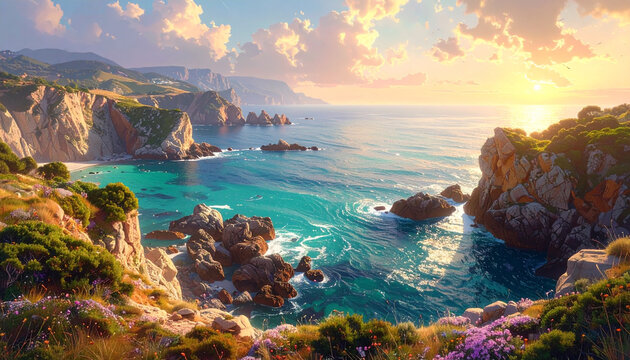 A serene seaside landscape features rocky cliffs overlooking a turquoise sea at sunrise.