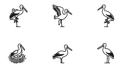 Fototapeta premium Stork Illustration Set: A collection of simple, elegant illustrations showcasing the stork in various poses, from standing gracefully to perched on a nest. Perfect for design projects.