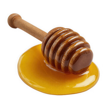 A honey dipper filled with golden liquid honey on a plate