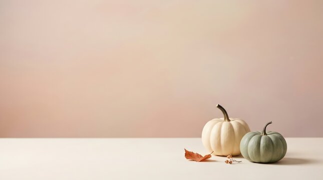 Two pumpkins and a fallen leaf on a light surface with a soft pastel background. For background with copy space