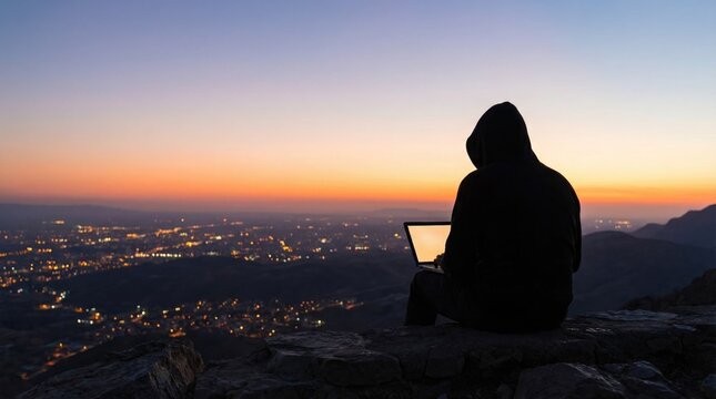 A silhouette of a person wearing a hoodie sitting on a rocky cliff edge while using a laptop computer overlooking a city with glowing lights at sunset