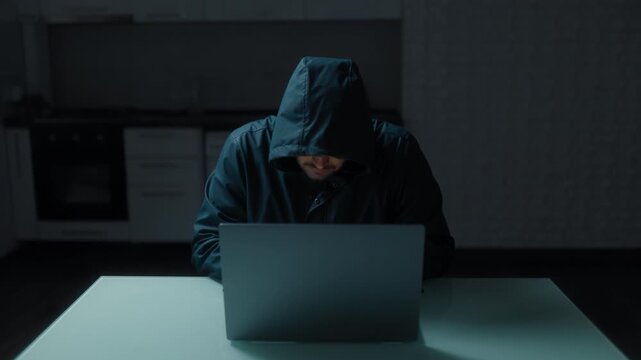 Medium Shot One Serious Man In Hoodie Staring At Laptop Monitor
