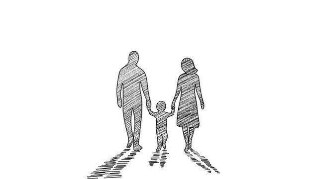 Hand-Drawn Scribble Looped Animation of Family Walking Together. This seamless loop features a rough, textured doodle aesthetic on a clean white background, symbolizing unity, parenthood, and family