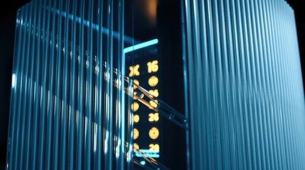 Obraz premium Vertical metal lines dominate view. Bright numbers illuminate dark space. Minimalist design creates striking visual contrast.