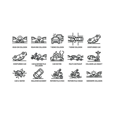 Collection of car and motorcycle accident icons depicting various crash scenarios in a line art styl