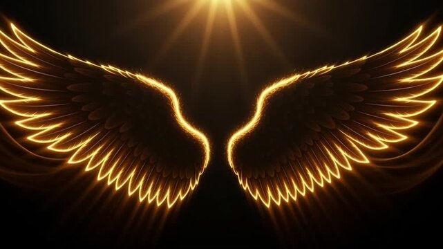 Glowing Golden Angel Wings with Radiant Light Effect on Black Background