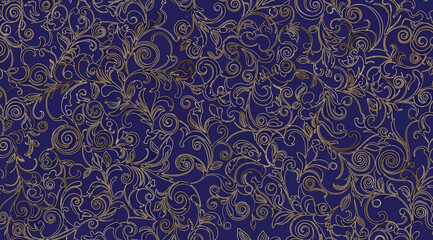 Seamless pattern with intricate golden floral swirls and filigree on a deep blue background © S.Siam