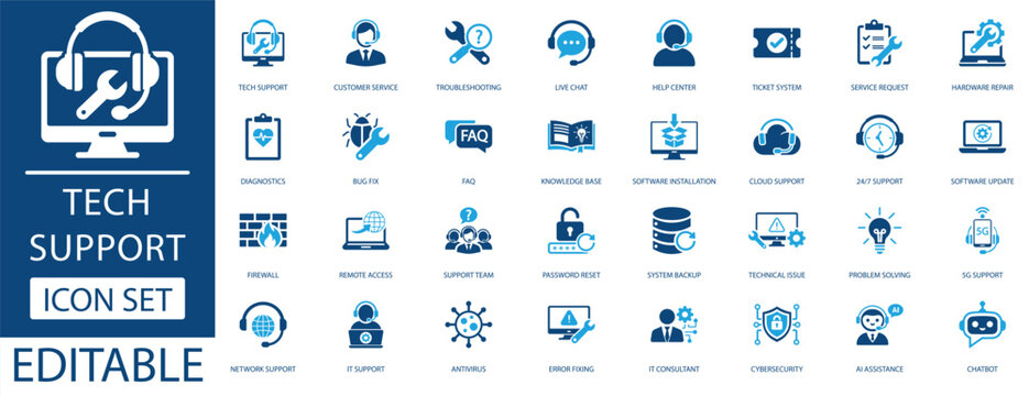 Tech Support Icon Set. Includes AI assistance, cybersecurity, 5G support, and system maintenance icons for web, apps, and technical presentations. Editable vector.	