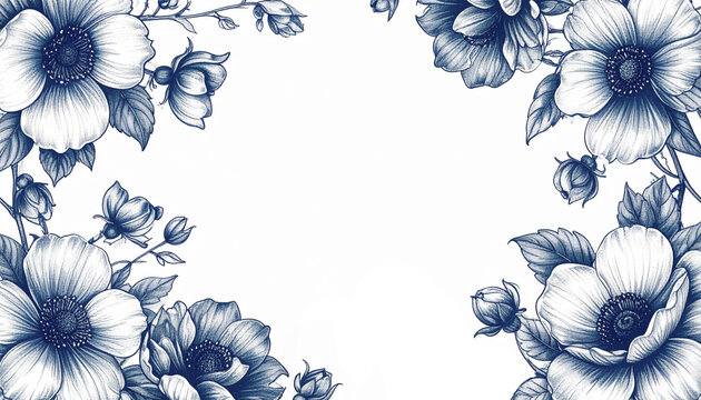 クラシックなペン画フラワー枠デザイン｜Classic Pen Drawing Floral Frame Design	