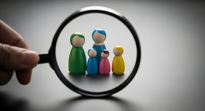 A magnifying glass focuses on a group of colorful wooden peg dolls symbolizing scrutiny