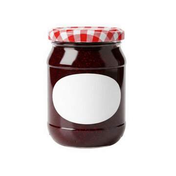 A jar of homemade strawberry jam with a red and white checkered lid isolated on transparent background