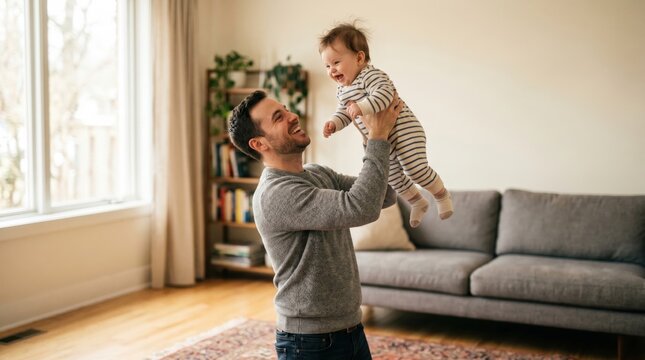 Happy father lifting baby in air on father's day at home