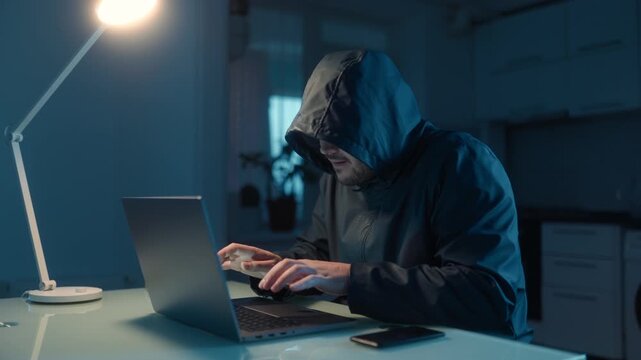 Medium Shot One Hacker In Hoodie Celebrating Then Crying At Laptop