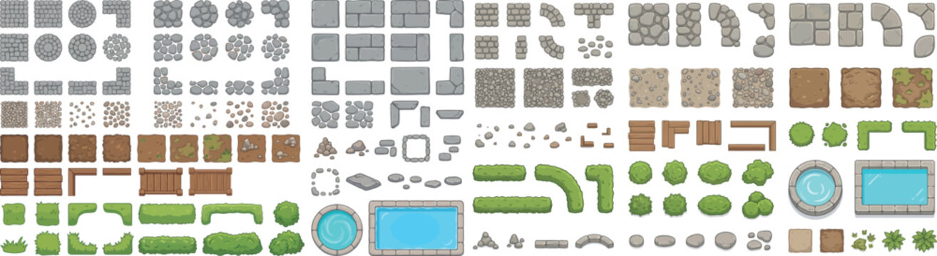 Urban planning map elements vector set, roads, buildings, trees, parks, and water features in top view for city maps, site plans, and architectural masterplan design