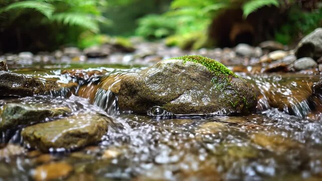 Closeup of a clear stream flowing over mossy rocks in a lush forest.
