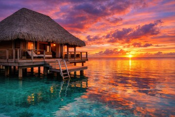 Fototapeta premium Overwater bungalow with a thatched roof at sunset in the maldives with vibrant orange and purple clouds reflecting on the calm tropical ocean water