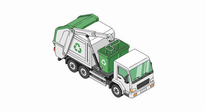 Isometric Recycling Truck Loading Waste Bins Illustration, Eco-Friendly Waste Management Concept Isolated on White Background