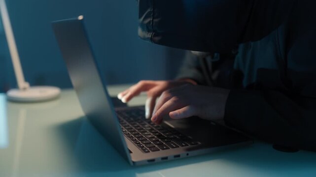 Medium Shot One Stressed Hacker In Hoodie Resting On Laptop Night