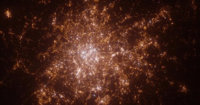 Paris (France) aerial view at night. Top view on modern city with street lights. Camera is zooming out, rotating clockwise. Vertical video. The north is on the left side
