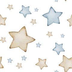 Obraz premium Watercolor blue and beige stars seamless pattern.