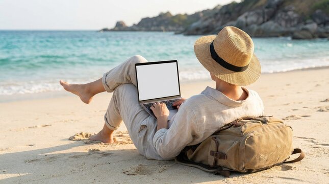 Person wearing a straw hat and linen clothes sitting on a sandy beach with a backpack and a laptop with a blank screen during a sunny summer day